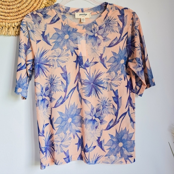 Anthropologie, New, Porridge Mesh Blue Floral Half Sleeve Top, Size Medium - Picture 2 of 12